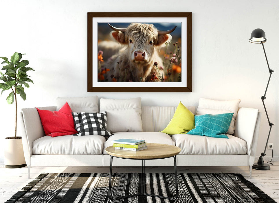 Highland Cow Wall Art – Framed White Highland Cow Print | Rustic Farmhouse Decor