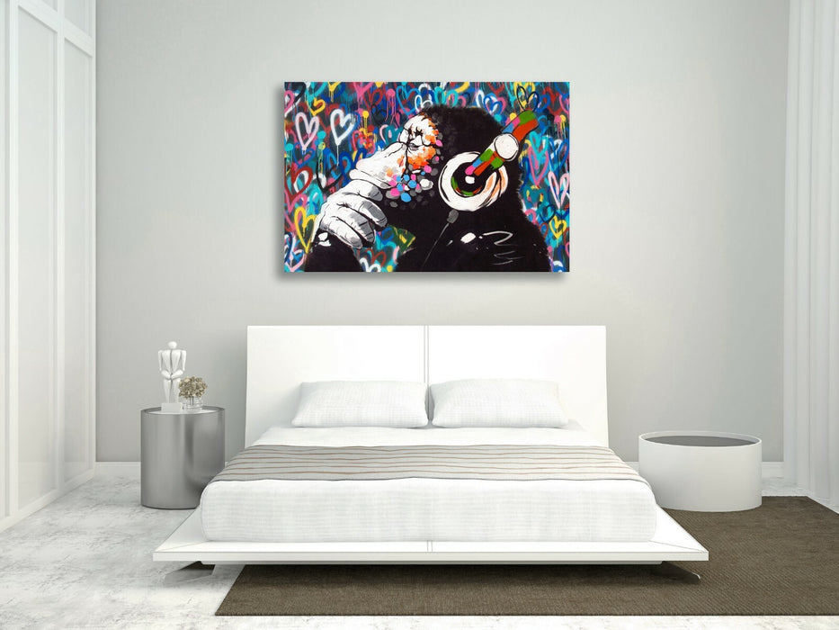 MONKEY DJ BANKSY LOVE WALL CANVAS STREET ART PICTURE PRINT FRAMED  -  GORILLA
