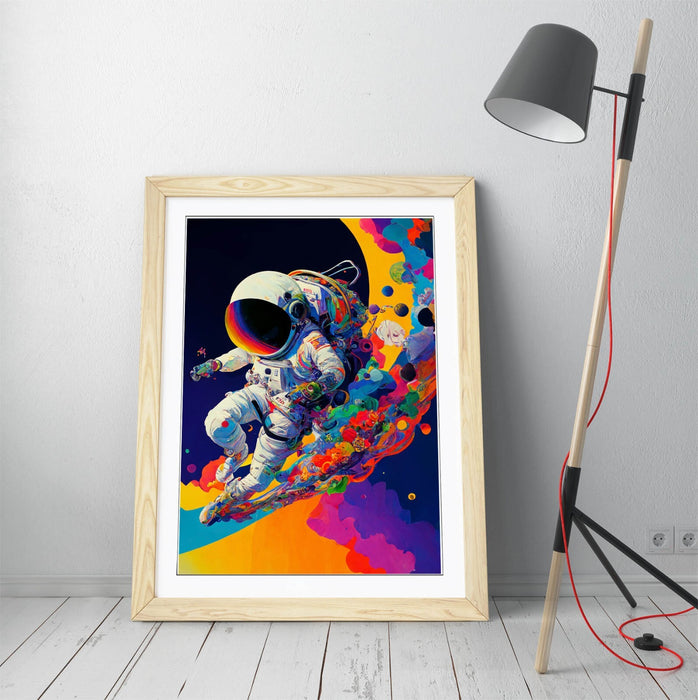 Astronaut Wall Art – Multicolour Abstract Space Poster Print | Framed Ready To Hang