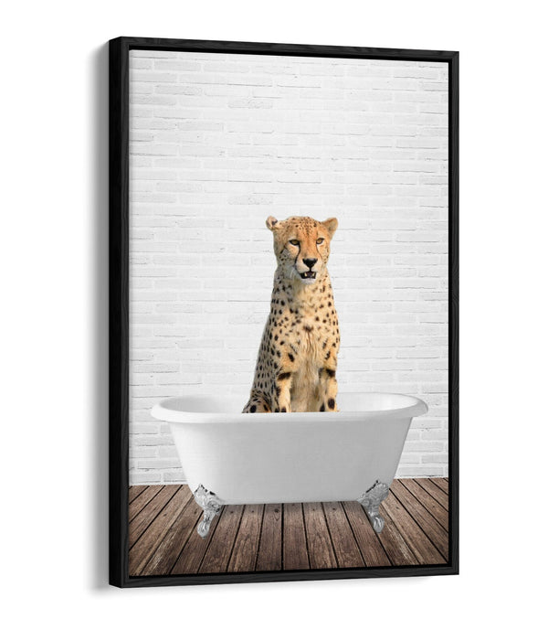 CHEETAH IN BATHTUB -QUIRKY BATHROOM FLOAT EFFECT CANVAS WALL ART PIC PRINT