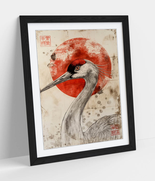 Asian Framed Wall Art – Portrait Crane Print With Red Sun | Handmade UK Frame