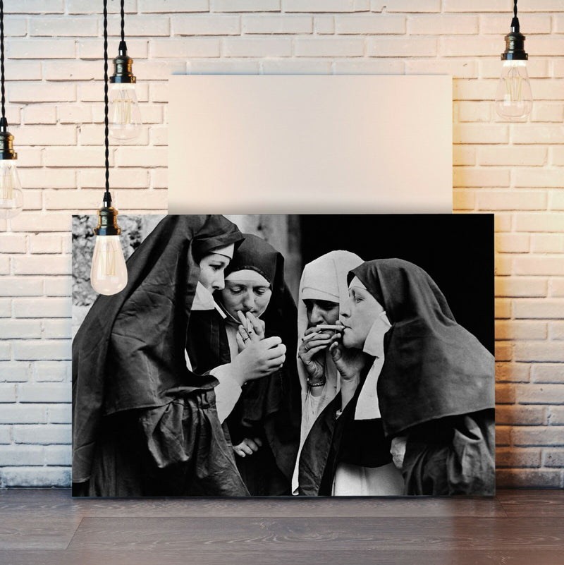 Vintage Canvas Wall Art – Nuns Smoking Artwork | Handmade Framed Canvas Print