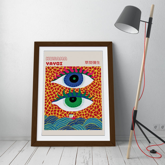 Framed Wall Art - Yayoi Kusama Abstract Eyes Contemporary Art Print With Woodgrain Faux Frame
