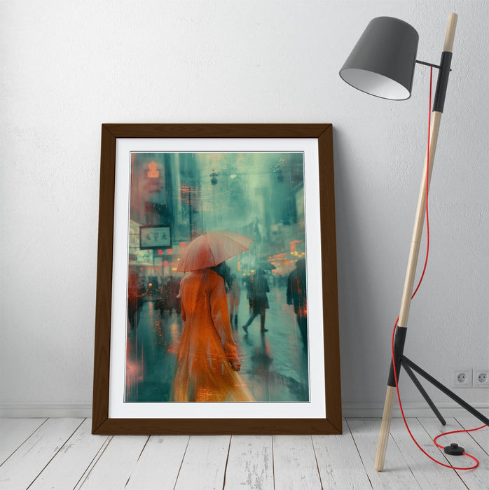 Framed Wall Art - Woman With Umbrella City Street Poster Print | Handmade UK