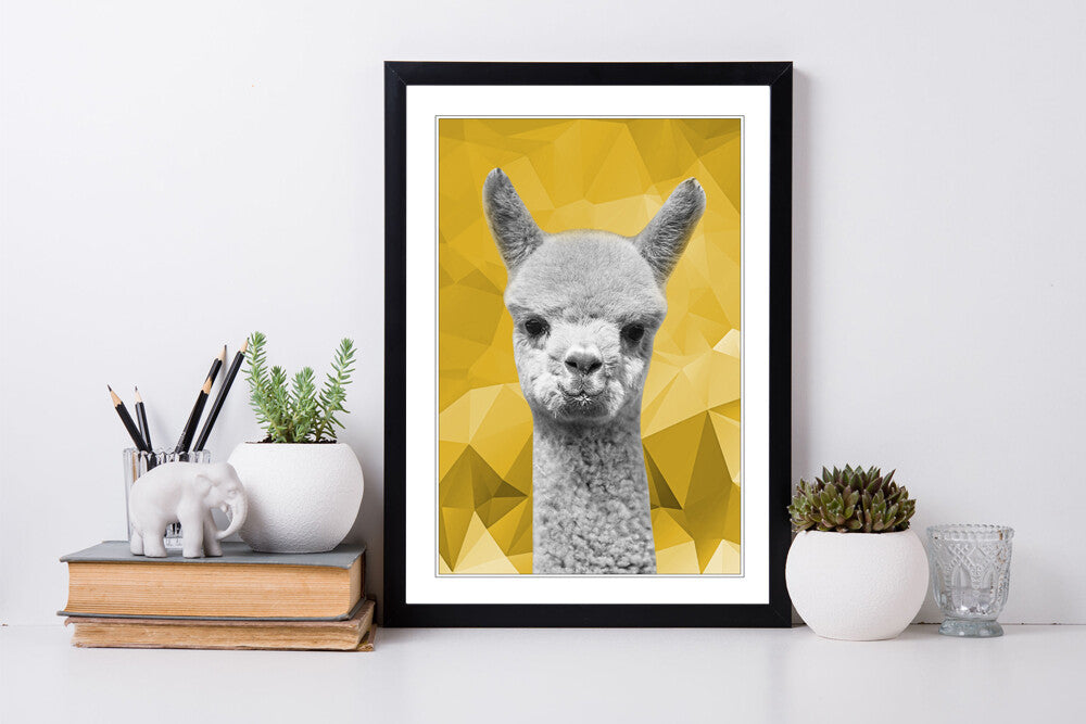Framed Poster Wall Art – Alpaca Black White Poster with Mustard Yellow Print