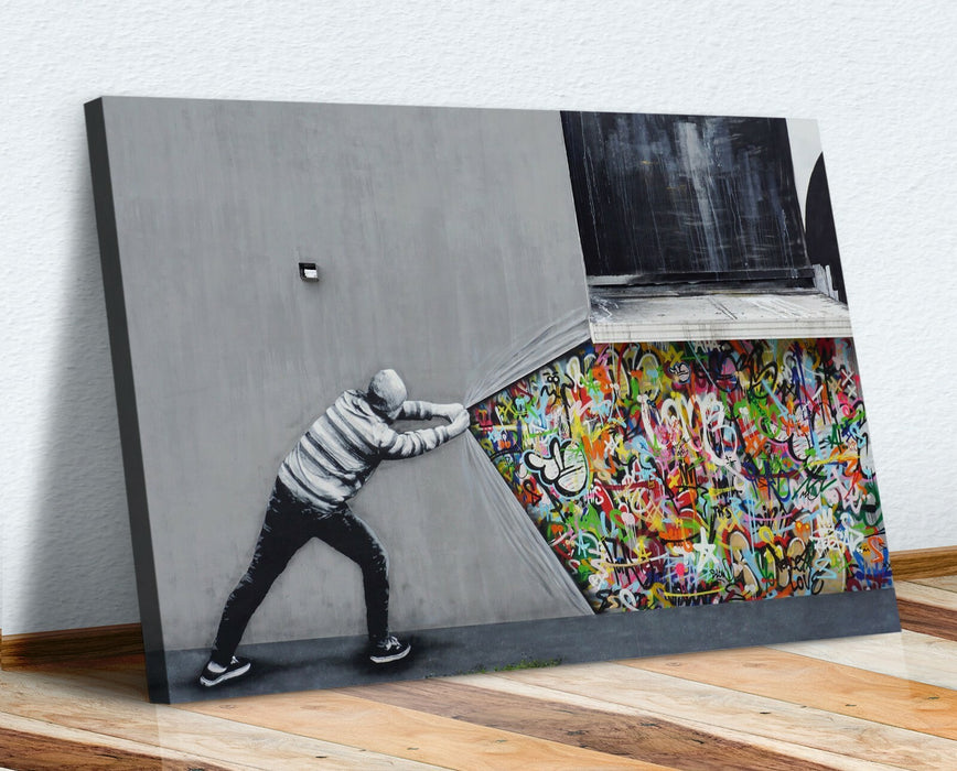 BANKSY WHATS BEHIND THE CURTAIN WHATSON CANVAS WALL ART PRINT ARTWORK GRAFFITI