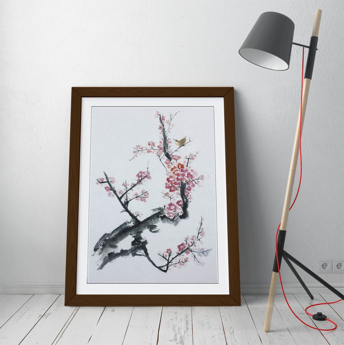 Framed Wall Art - Asian Tree Blossom Print With Woodgrain Frame Design