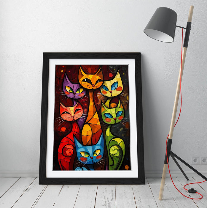 Framed Cat Wall Art - Colorful Abstract Cat Poster Print With Wood Grain Frame