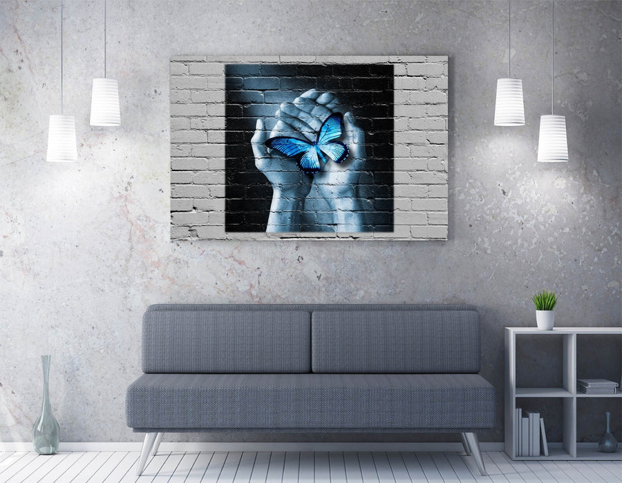 Canvas Wall Art - Blue Butterfly Print on Handmade Graffiti Canvas | Ready to Hang