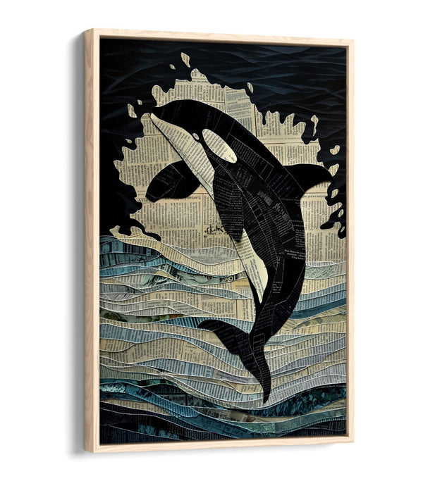 Orca Canvas Art – Jumping Whale Collage Print | Float Effect Wall Art