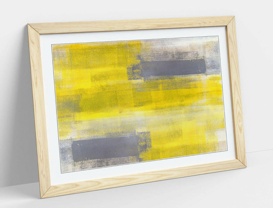 Framed Abstract Painting – Modern Wall Print With Yellow Grey Artwork & Natural Wood Frame