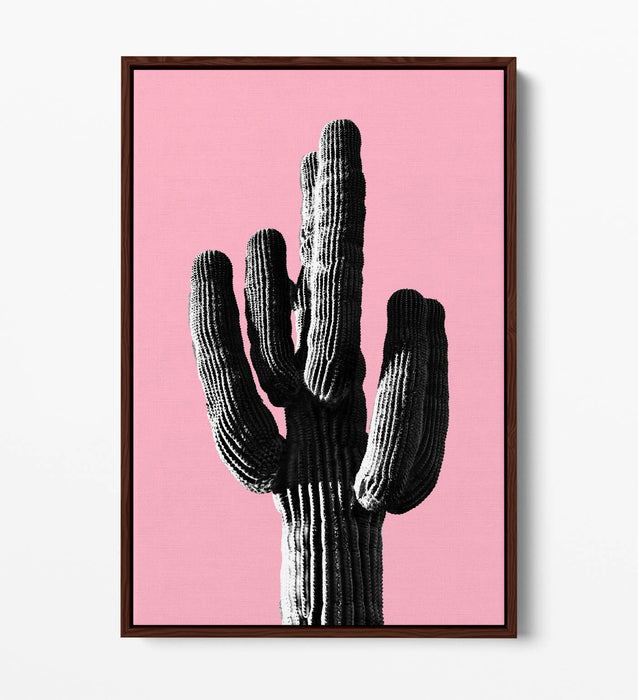TRENDY B&W CACTUS POP ART PINK-FLOAT EFFECT CANVAS WALL ART PRINT