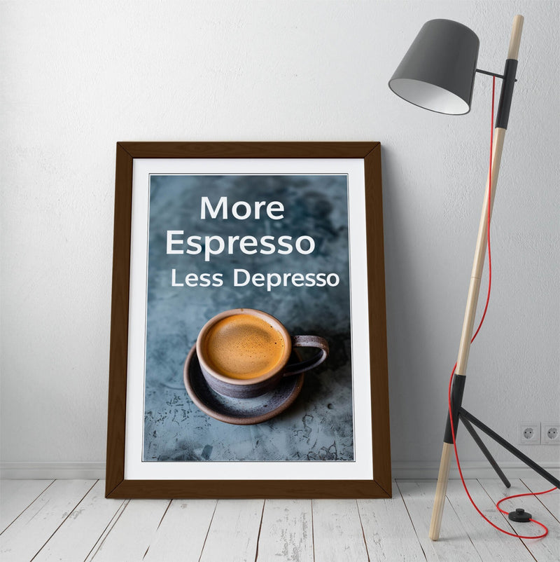 Espresso Wall Art – Framed Cafe Poster With Funny Coffee Quote & Woodgrain Frame