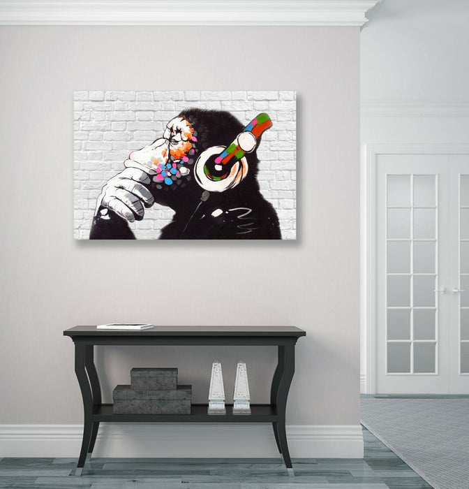 MONKEY DJ BANKSY WHITE BRICK CANVAS STREET WALL ART PRINT ARTWORK -  GORILLA