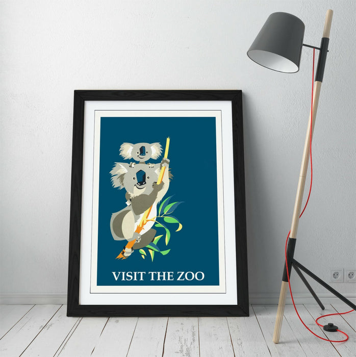 VINTAGE RETRO VISIT THE ZOO KOALA POSTER -FRAMED WALL ART PICTURE PRINT