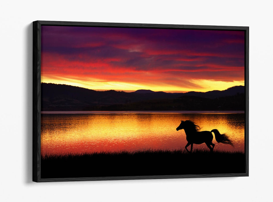 Canvas Wall Art - Running Horse Silhouette Sunset Landscape Float Effect Print
