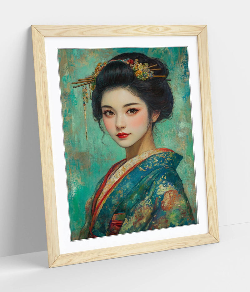 Framed Wall Art - Beautiful Geisha Art Print With Wood Grain Frame, Ready To Hang