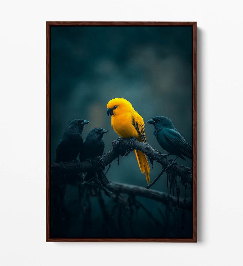 Canvas Wall Art – Yellow Bird With Black Crows | Float Effect, Ready To Hang