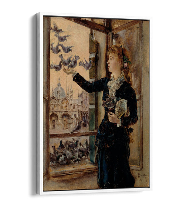 Canvas Wall Art Print – Girl Feeding Pigeons | Float Effect Handmade Canvas Art