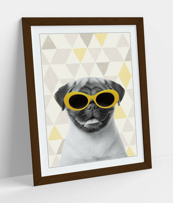 PUG SUNGLASSES YELLOW GREY -ART FRAMED POSTER PICTURE PRINT ARTWORK- WHITEBLUE