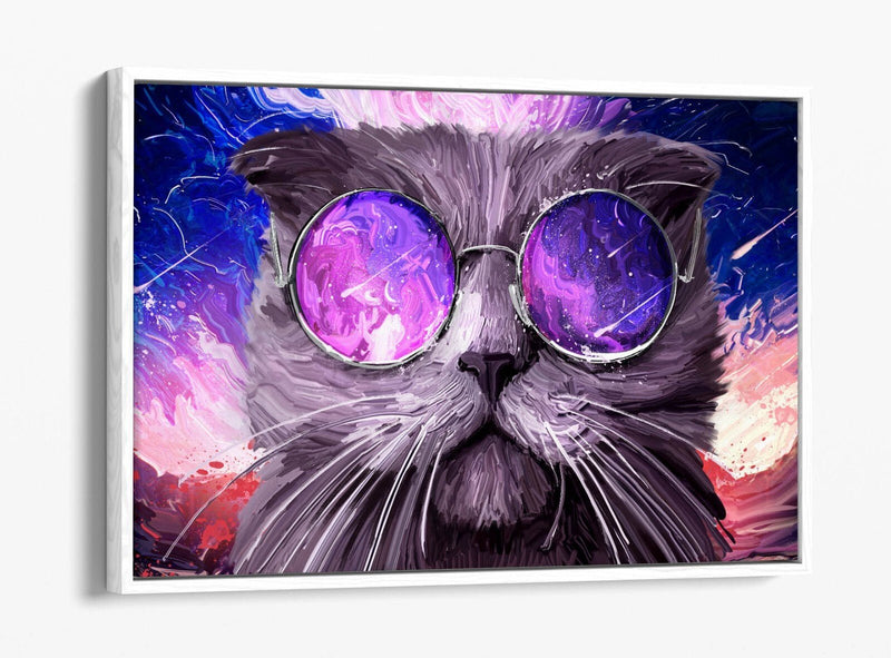 Funky Cat Sunglasses Canvas Wall Art - Galaxy Background Float Effect Print
