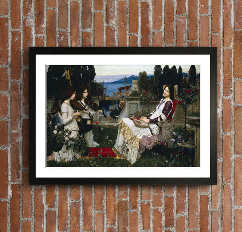 St Cecelia Framed Art – John William Waterhouse Classic Art Print With Faux Wood Grain Frame