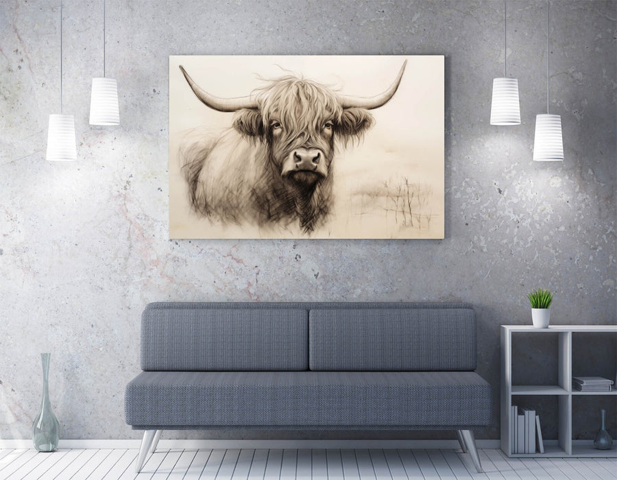 Highland Cow Canvas – Charcoal Sketch Print | Rustic Farmhouse Wall Art