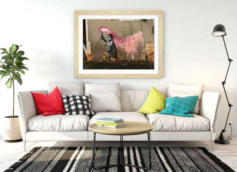 Banksy Wall Art – Handmade UK Framed Graffiti Poster Print With Woodgrain Frame