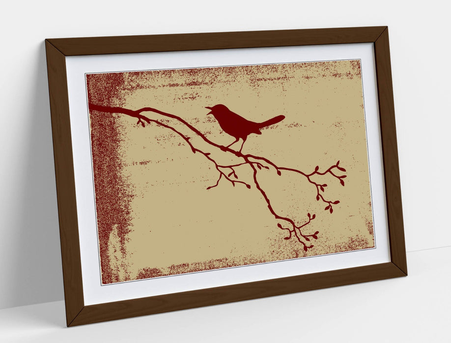 Framed Bird Wall Art – Red Silhouette Tree Branch Print | Handmade Home Decor