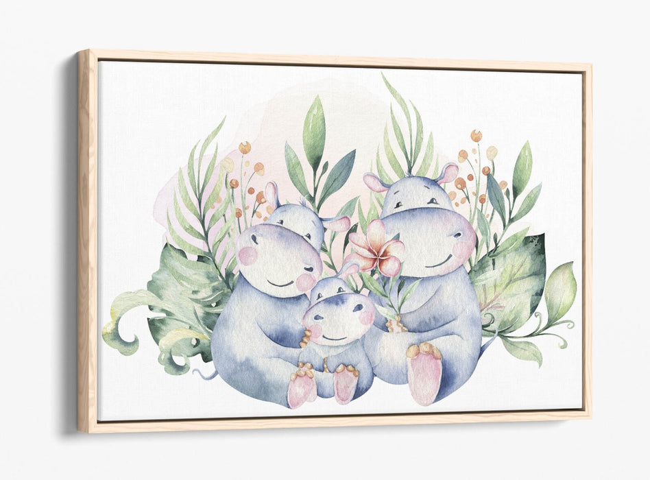 Watercolour Hippo Canvas - Cute Hippo Family Float Effect Canvas Wall Art