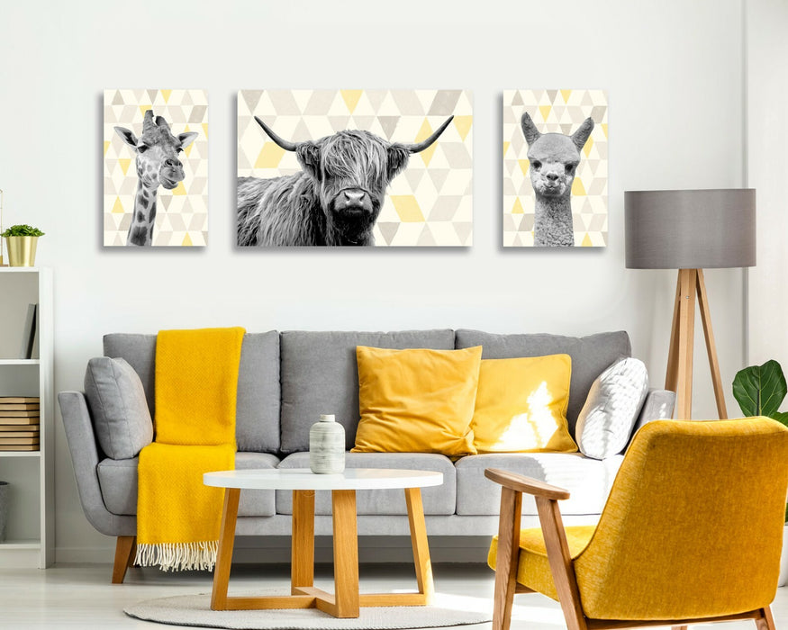 Highland Cow Canvas | Handmade Canvas Wall Art - Geometric Yellow Grey Print