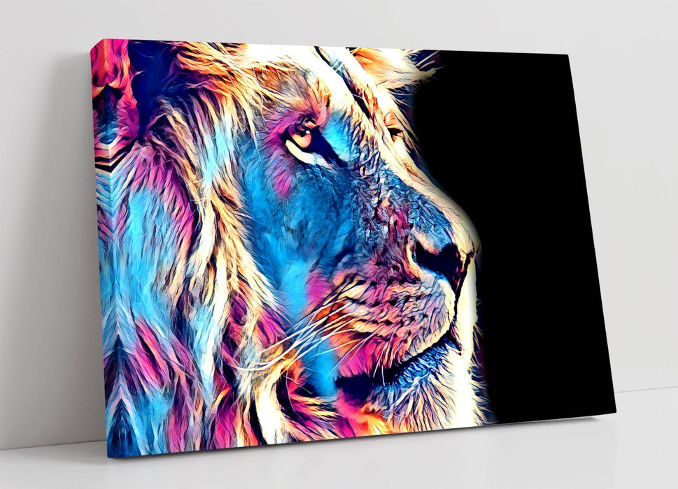 PURPLE BLUE LION SKETCH BLACK BACKGROUND 2 -CANVAS FRAMED WALL ART PIC PRINT