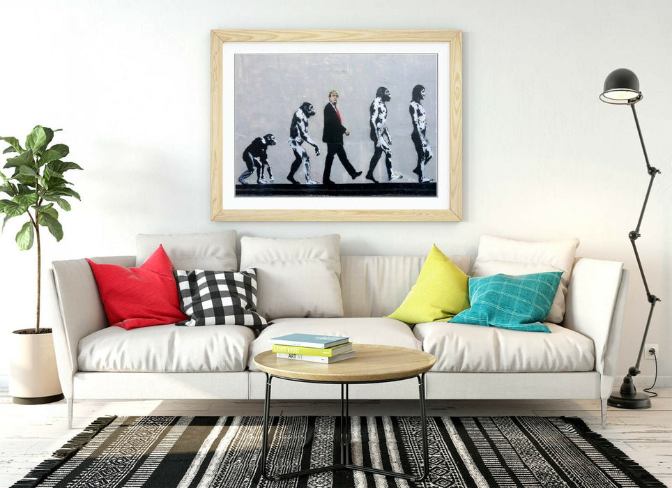 BANKSY TRUMP EVOLUTION -FRAMED POSTER WALL ART PRINT ARTWORK- BLACK & WHITE