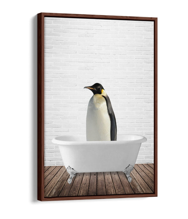 PENGUIN IN BATHTUB -QUIRKY BATHROOM FLOAT EFFECT CANVAS WALL ART PRINT