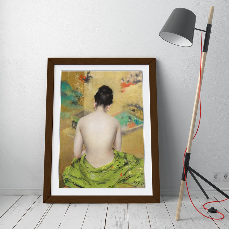 Framed Wall Art Poster - 'William Merritt Chase, Japanese Woman' Print in Woodgrain Frame