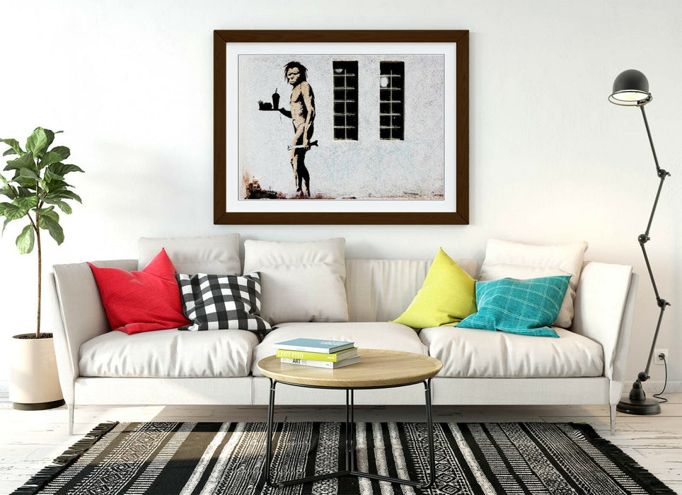 BANKSY FAST FOOD CAVEMAN -ART FRAMED POSTER PICTURE PRINT ARTWORK- GREY BLACK