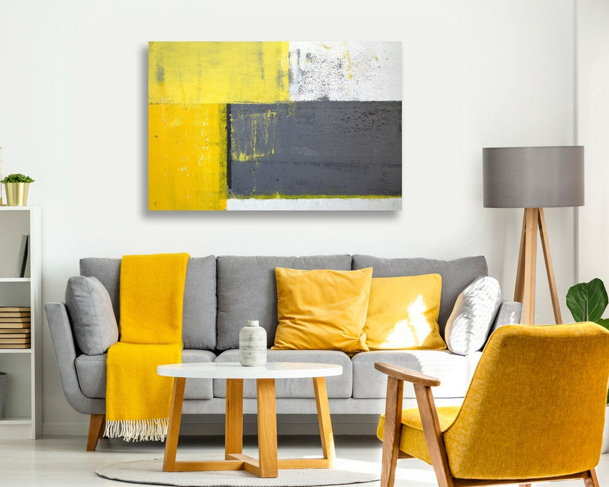 Canvas Wall Art - Yellow Grey Abstract Framed Canvas Artwork 30mm Deep Frame