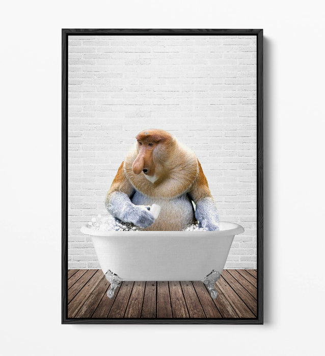 PROBISCUS MONKEY IN BATH -QUIRKY BATHROOM FLOAT EFFECT CANVAS WALL ART PRINT