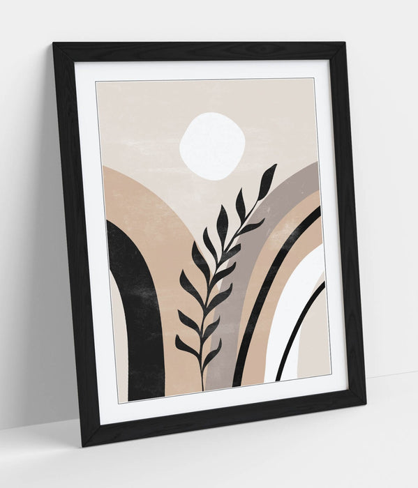 Boho Framed Wall Art – Abstract Home Art with Natural Wood Frame, Ready to Hang