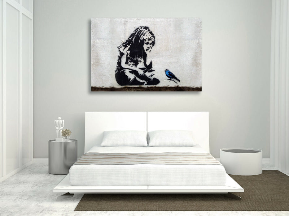 GIRL BLUE BIRD FRAMED CANVAS WALL ART PRINT ARTWORK GRAFFITI BANKSY STYLE