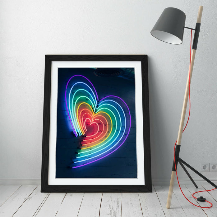 Framed Poster Art - Rainbow Heart Neon Wall Art Prints | MDF Wood Frame Ready To Hang