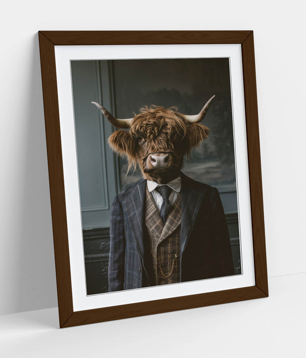 Highland Cow Wall Art - Framed Animal Poster with Woodgrain Frame, Handmade UK