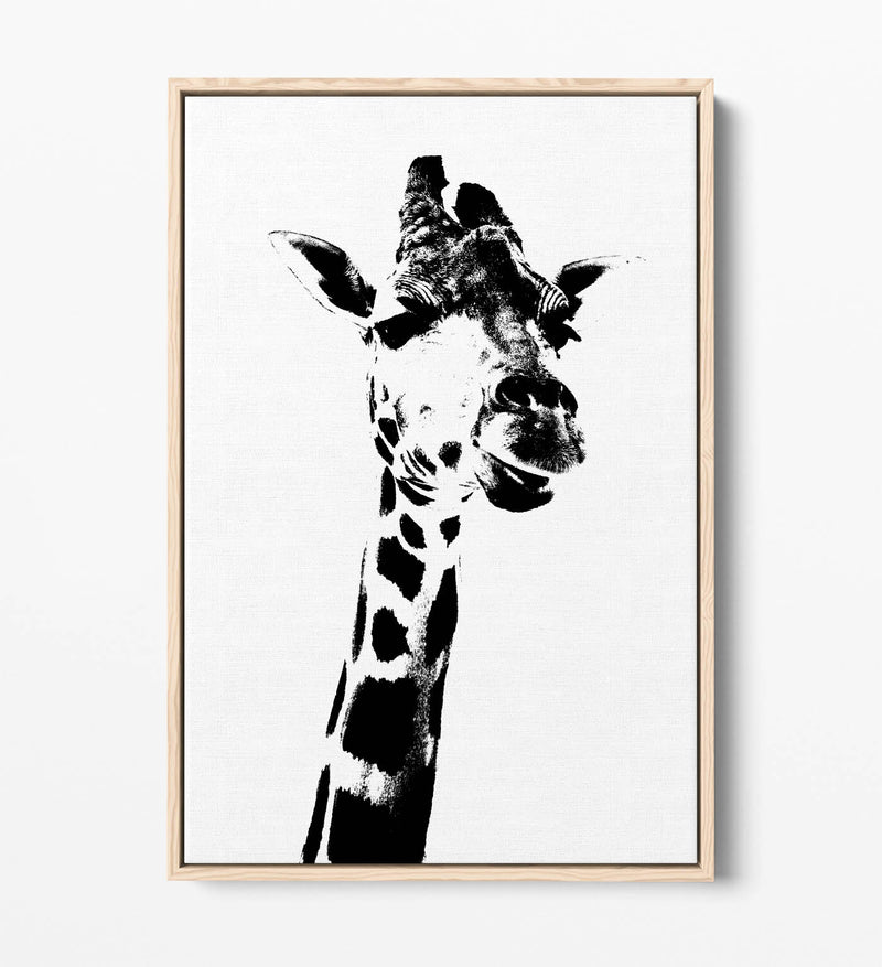 Giraffe Canvas Art - Black White Animal Stencil Float Effect Frame Wall Decor