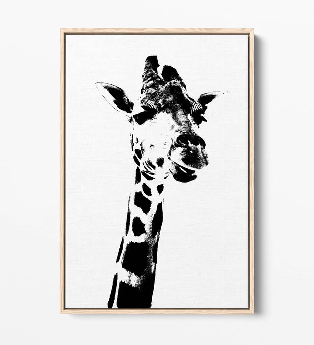 GIRAFFE, BLACK & WHITE ANIMAL STENCIL STYLE -FLOAT EFFECT CANVAS WALL ART PRINT
