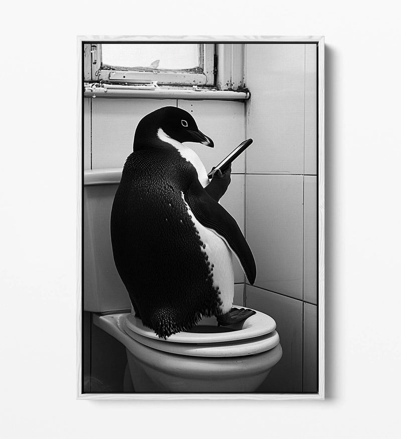 Funny Penguin Canvas – Humorous Bathroom Wall Art | Toilet Decor Print, Float Effect