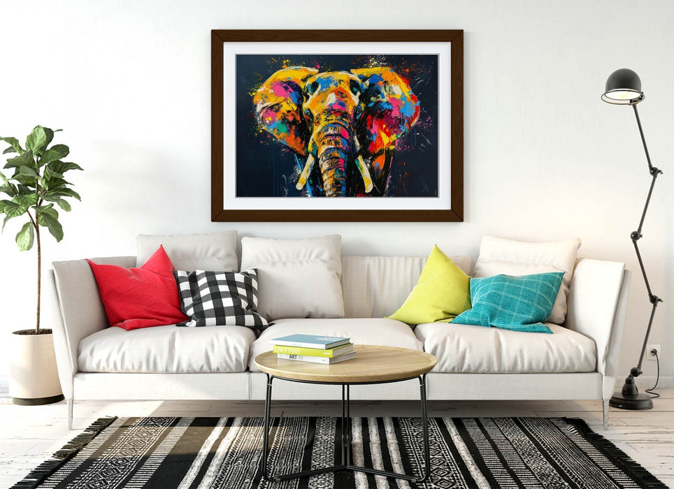 Framed Wall Art - Multi Colour Abstract Elephant Print With Wood Grain Frame