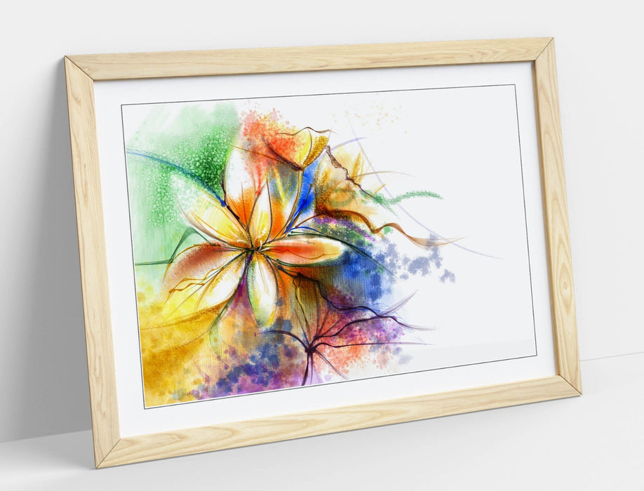 Framed Wall Art - Flower Multi Colour Splash Abstract Poster Print With Woodgrain Frame