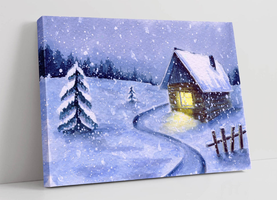 Watercolour Cabin Canvas - Winter Wall Art | Snowy Illustration Print, Ready To Hang