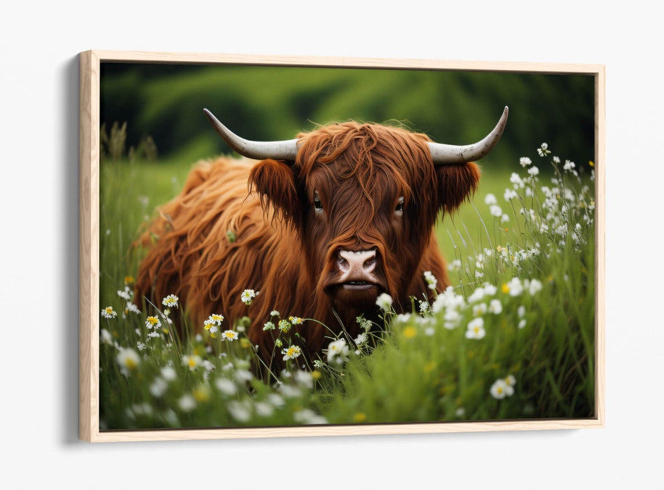HIGHLAND COW FLOWER FIELD HOME DECOR DIGITAL FLOAT EFFECT CANVAS ART PIC PRINT