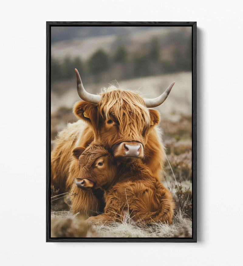 Highland Cow Canvas - Mother And Calf Art | Handmade UK Float Effect Frame